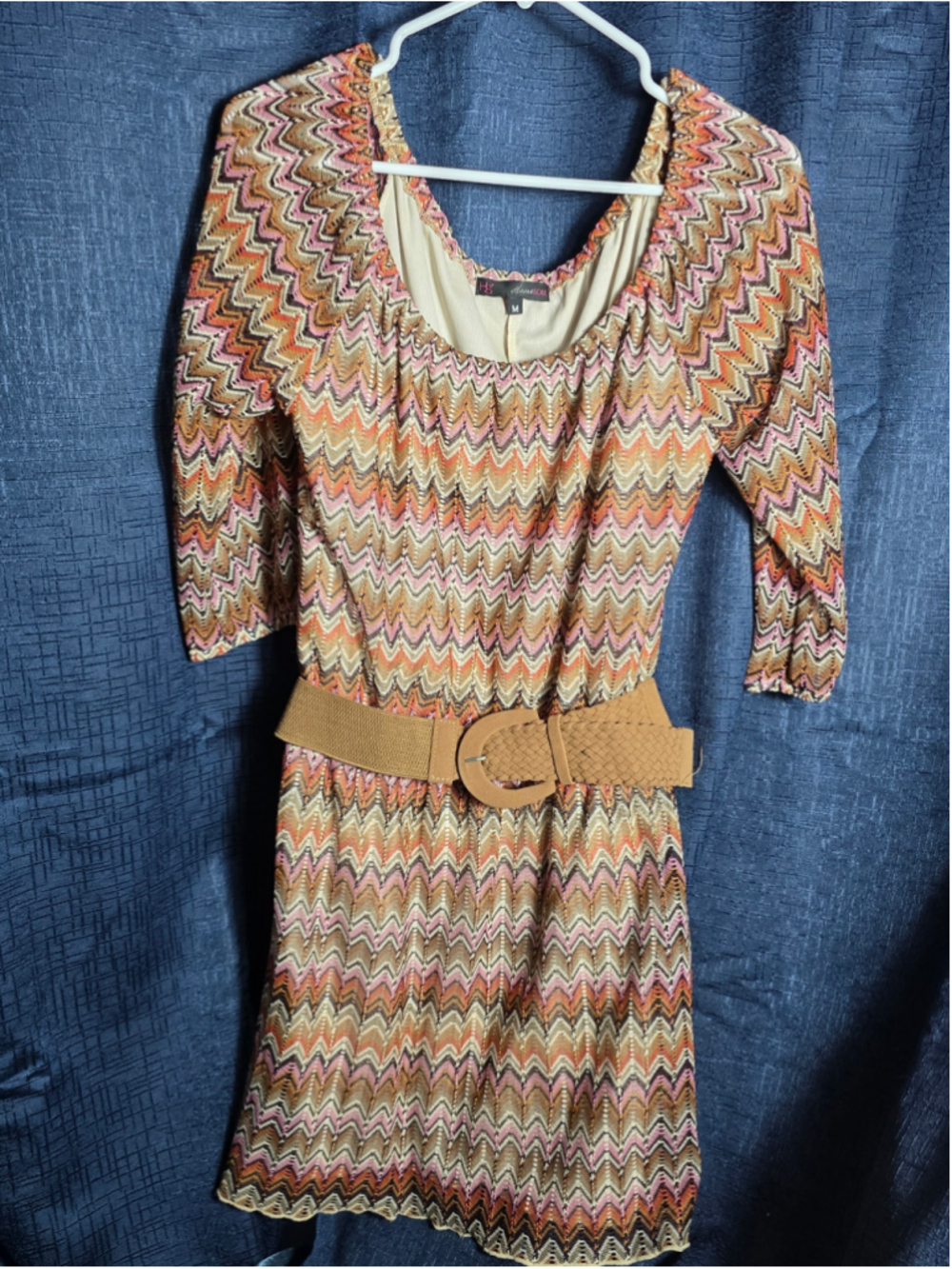 Women's Heart Soul Midi Dress M Orange Beige Chevron western country boho chic